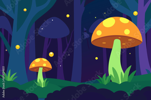 Enchanted forest at night with glowing mushrooms and fireflies