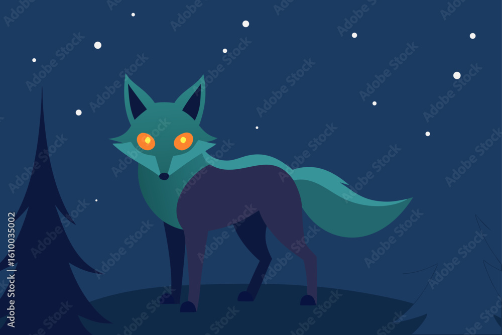 Fototapeta premium Mysterious teal fox with glowing eyes in a starry night forest