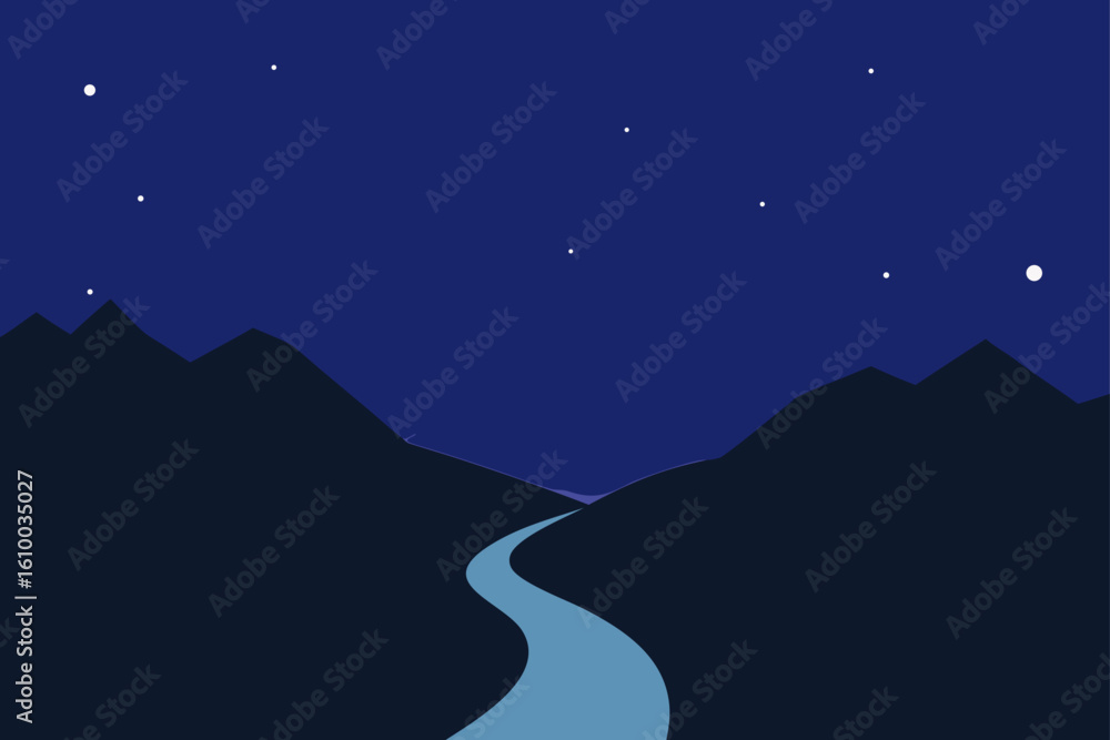 Obraz premium Serene night landscape with winding river and starry sky