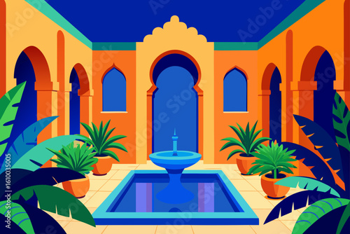 Vibrant moroccan courtyard with fountain and lush greenery