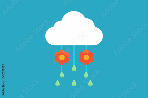 Whimsical cloud raining flowers and water droplets