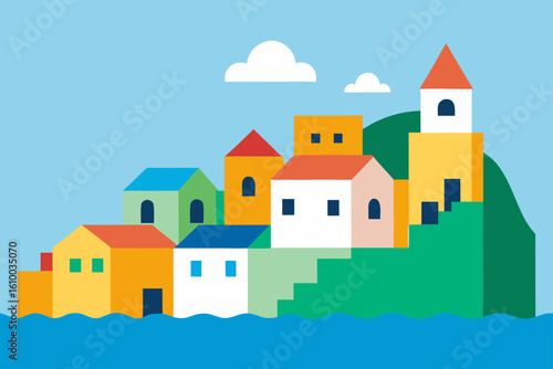 Colorful geometric village on a hillside by the sea