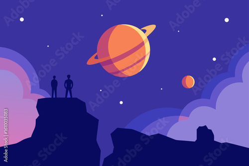 Two silhouetted figures admire a ringed planet in a cosmic landscape
