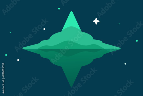 Stylized green mountain reflected in dark water under a starry sky