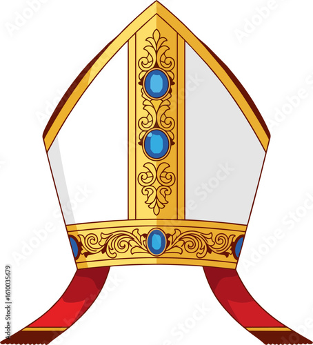 Traditional Bishop Mitre Vector with Blue Gemstones and Ornate Gold Embellishments