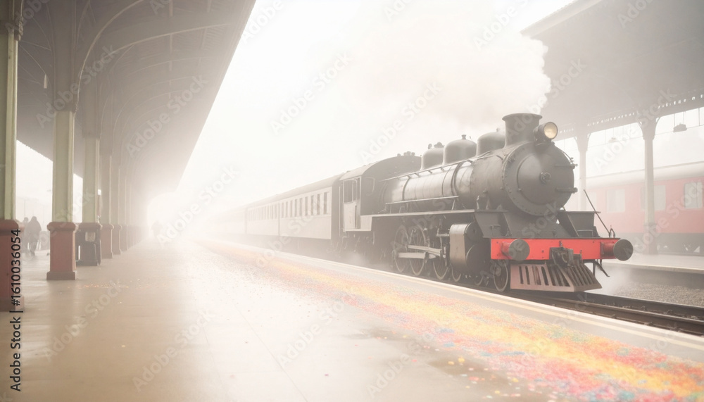 Obraz premium Vintage Train Platform with Confetti Departure . Wedding Concept. Generated Image