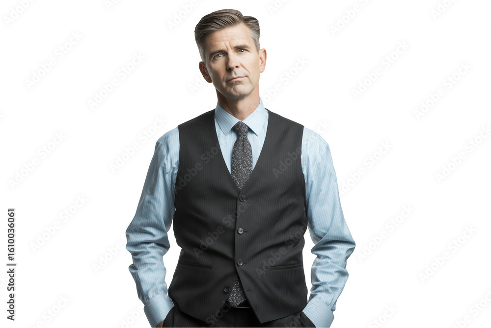 Fototapeta premium Portrait of Mature Caucasian male a senior manager in a vest against a black backdrop, concept for corporate leadership, business meeting and executive portrait on a transparent background
