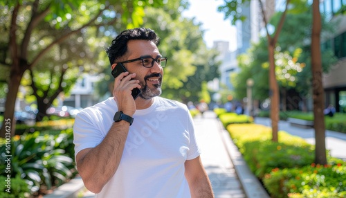 Middle Eastern man having a walking phone meeting in a landscaped office park, combining productivity with movement and fresh air