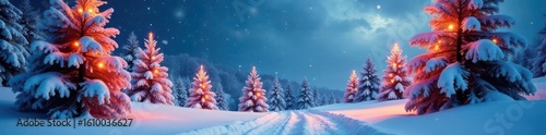 Snowy backdrop, glowing winter trees, photo booth , scene, dark