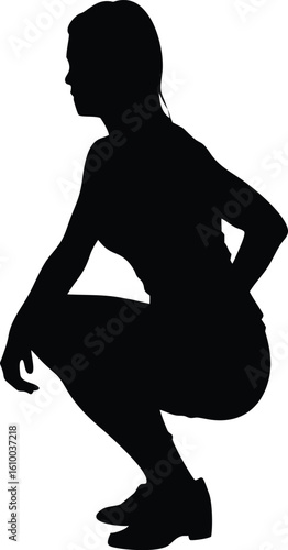 Side Profile Silhouette of Woman Squatting, Minimal Female Vector Pose Illustration