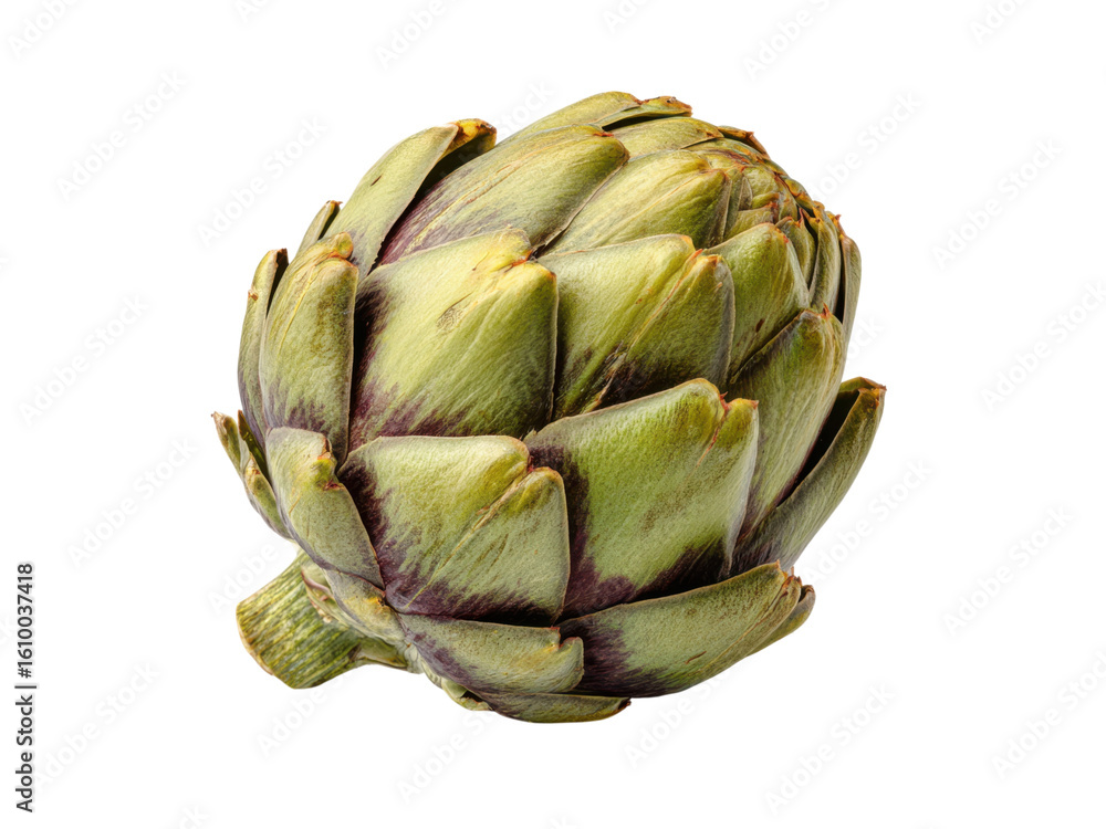 Obraz premium Green artichoke with purple accents on black vegetable food, Png Transparent, Isolated on White
