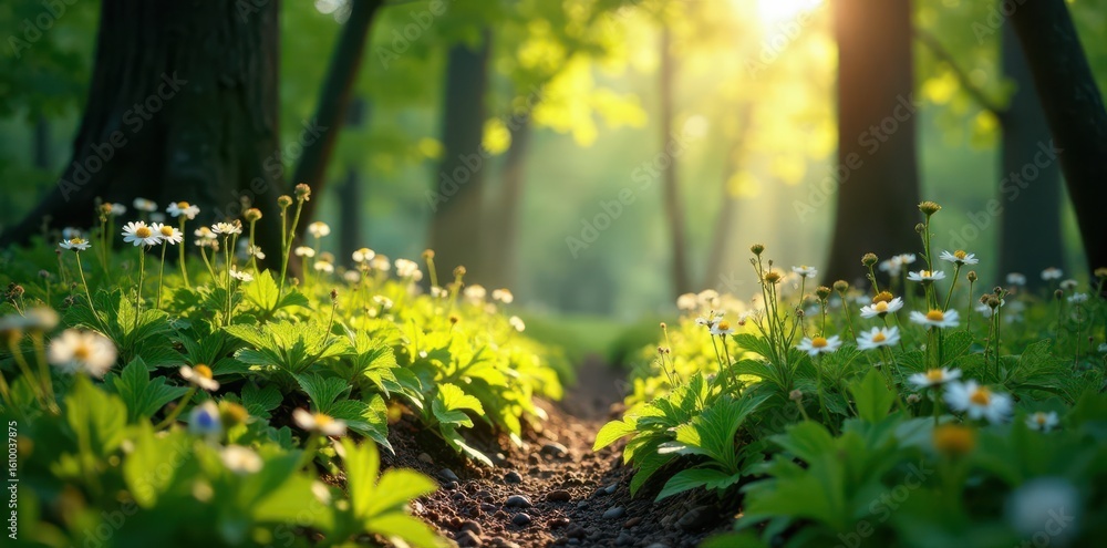 Fototapeta premium Sunlight dappled woodland floor, vibrant green foliage, wildflowers blooming , sunlight, forest
