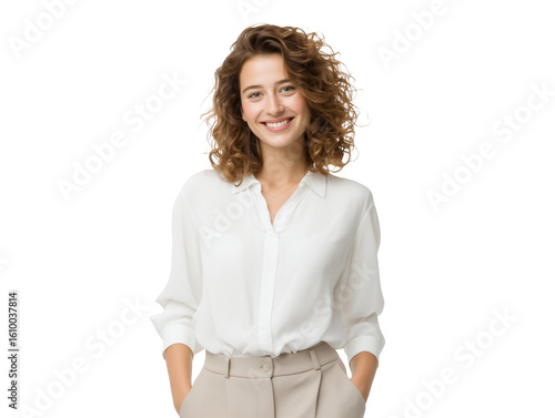 Smiling woman with curly hair wearing a white shirt and beige pants on a transparent background, concept for business portrait, corporate communication and online presence