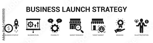 Business Launch Strategy Modern and clean web banner illustration featuring thematic icons for visual communication