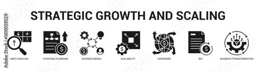 Strategic Growth and Scaling Modern and clean web banner illustration featuring thematic icons for visual communication