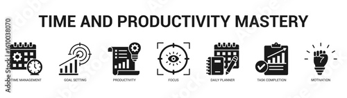 Time and Productivity Mastery Modern and clean web banner illustration featuring thematic icons for visual communication