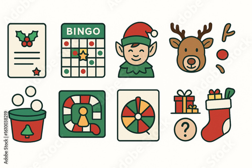 Christmas Game Icons, Flat Design Holiday Activity Set