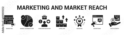 Marketing and Market Reach Modern and clean web banner illustration featuring thematic icons for visual communication