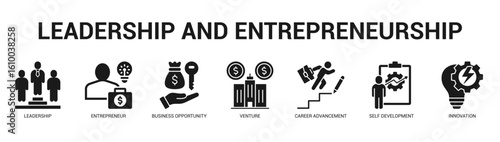 Leadership and Entrepreneurship Modern and clean web banner illustration featuring thematic icons for visual communication