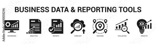 Business Data and Reporting Tools Modern and clean web banner illustration featuring thematic icons for visual communication