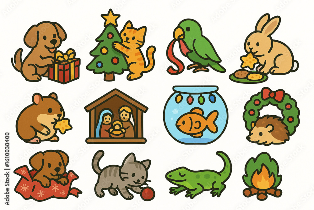 Obraz premium Christmas Pet Activity Icons, Flat Coloring Festive Animal Set