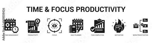 Time and Focus Productivity Modern and clean web banner illustration featuring thematic icons for visual communication
