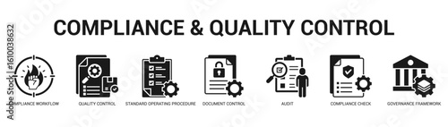 Compliance and Quality Control Modern and clean web banner illustration featuring thematic icons for visual communication