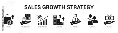 Sales Growth Strategy Modern and clean web banner illustration featuring thematic icons for visual communication