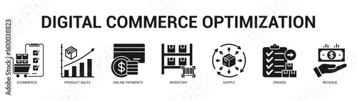 Digital Commerce Optimization Modern and clean web banner illustration featuring thematic icons for visual communication