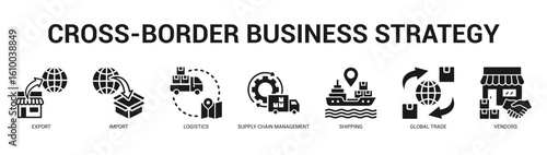 CrossBorder Business Strategy Modern and clean web banner illustration featuring thematic icons for visual communication