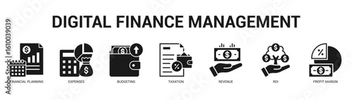 Digital Finance Management Modern and clean web banner illustration featuring thematic icons for visual communication