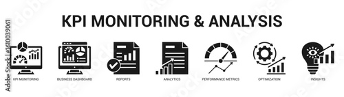 KPI Monitoring and Analysis Modern and clean web banner illustration featuring thematic icons for visual communication