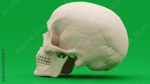 A single human skull with teeth displayed against a solid bright green colored background studio shot