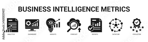 Business Intelligence Metrics Modern and clean web banner illustration featuring thematic icons for visual communication
