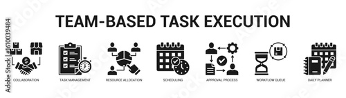 TeamBased Task Execution Modern and clean web banner illustration featuring thematic icons for visual communication