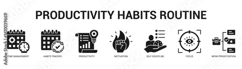 Productivity Habits Routine Modern and clean web banner illustration featuring thematic icons for visual communication
