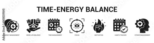 TimeEnergy Balance Modern and clean web banner illustration featuring thematic icons for visual communication