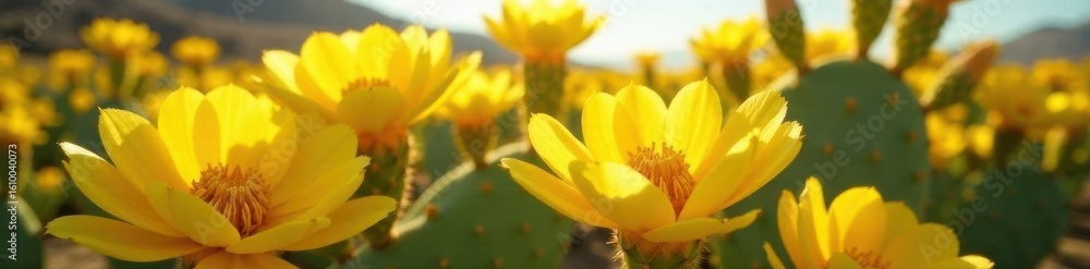 Obraz premium Vibrant yellow prickly pear blossoms, sunny day, desert flower, botany, detail