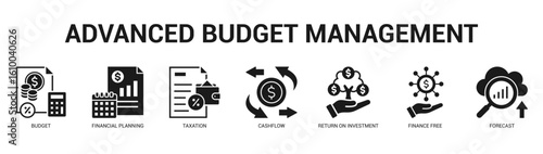 Advanced Budget Management Modern and clean web banner illustration featuring thematic icons for visual communication