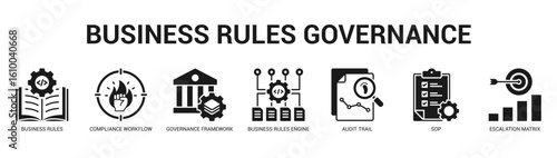 Business Rules Governance Modern and clean web banner illustration featuring thematic icons for visual communication