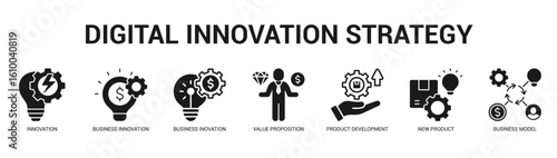 Digital Innovation Strategy Modern and clean web banner illustration featuring thematic icons for visual communication