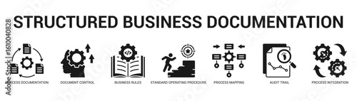 Structured Business Documentation Modern and clean web banner illustration featuring thematic icons for visual communication