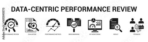 DataCentric Performance Review Modern and clean web banner illustration featuring thematic icons for visual communication