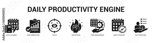 Daily Productivity Engine Modern and clean web banner illustration featuring thematic icons for visual communication