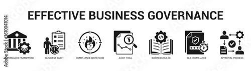 Effective Business Governance Modern and clean web banner illustration featuring thematic icons for visual communication