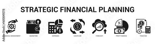 Strategic Financial Planning Modern and clean web banner illustration featuring thematic icons for visual communication