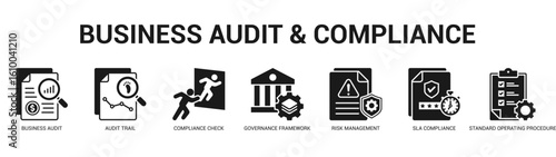 Business Audit and Compliance Modern and clean web banner illustration featuring thematic icons for visual communication