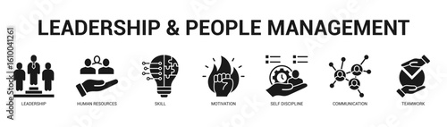 Leadership and People Management Modern and clean web banner illustration featuring thematic icons for visual communication