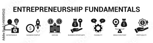 Entrepreneurship Fundamentals Modern and clean web banner illustration featuring thematic icons for visual communication
