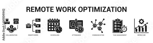 Remote Work Optimization Modern and clean web banner illustration featuring thematic icons for visual communication